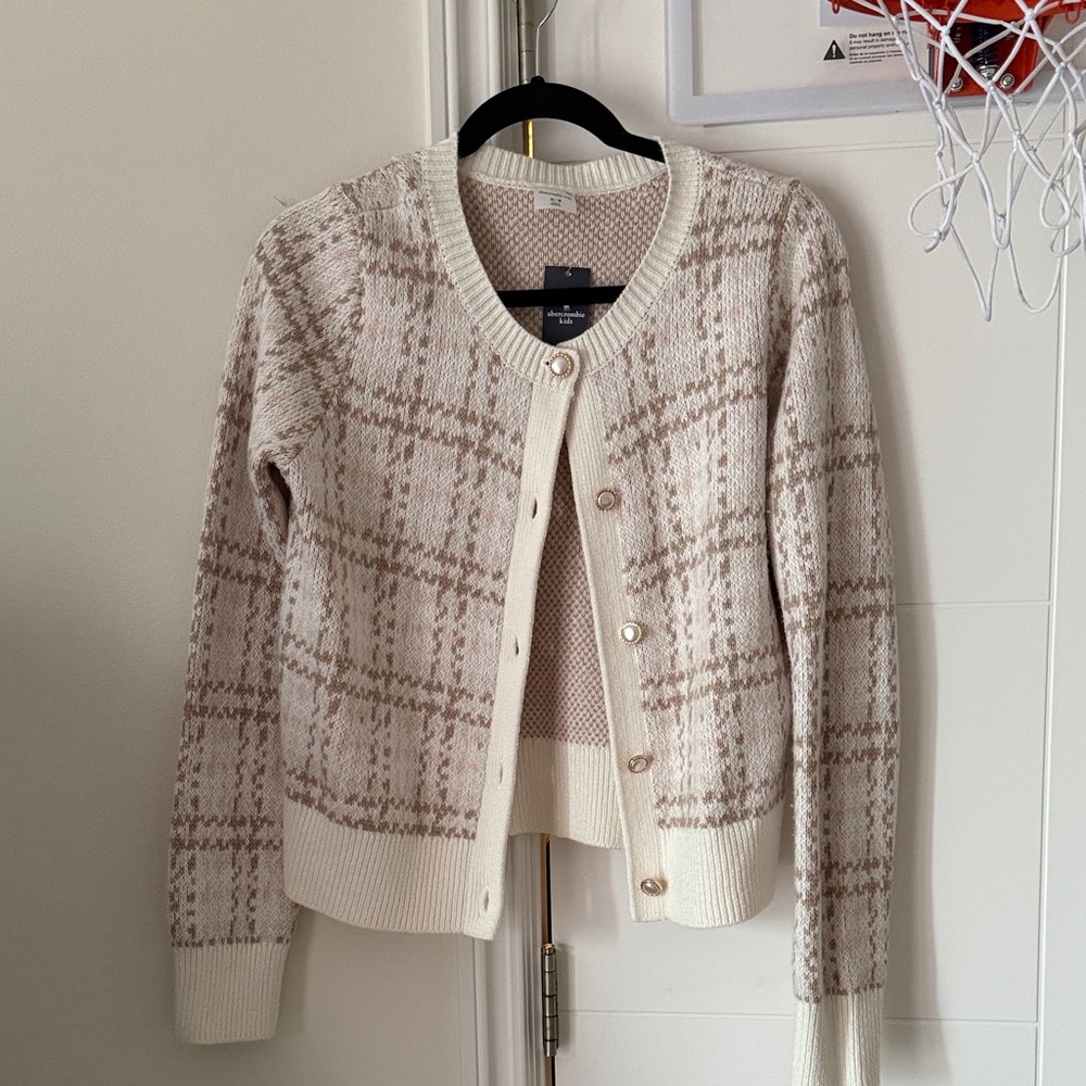 Abercrombie Kids Cream and Brown Plaid Cardigan
